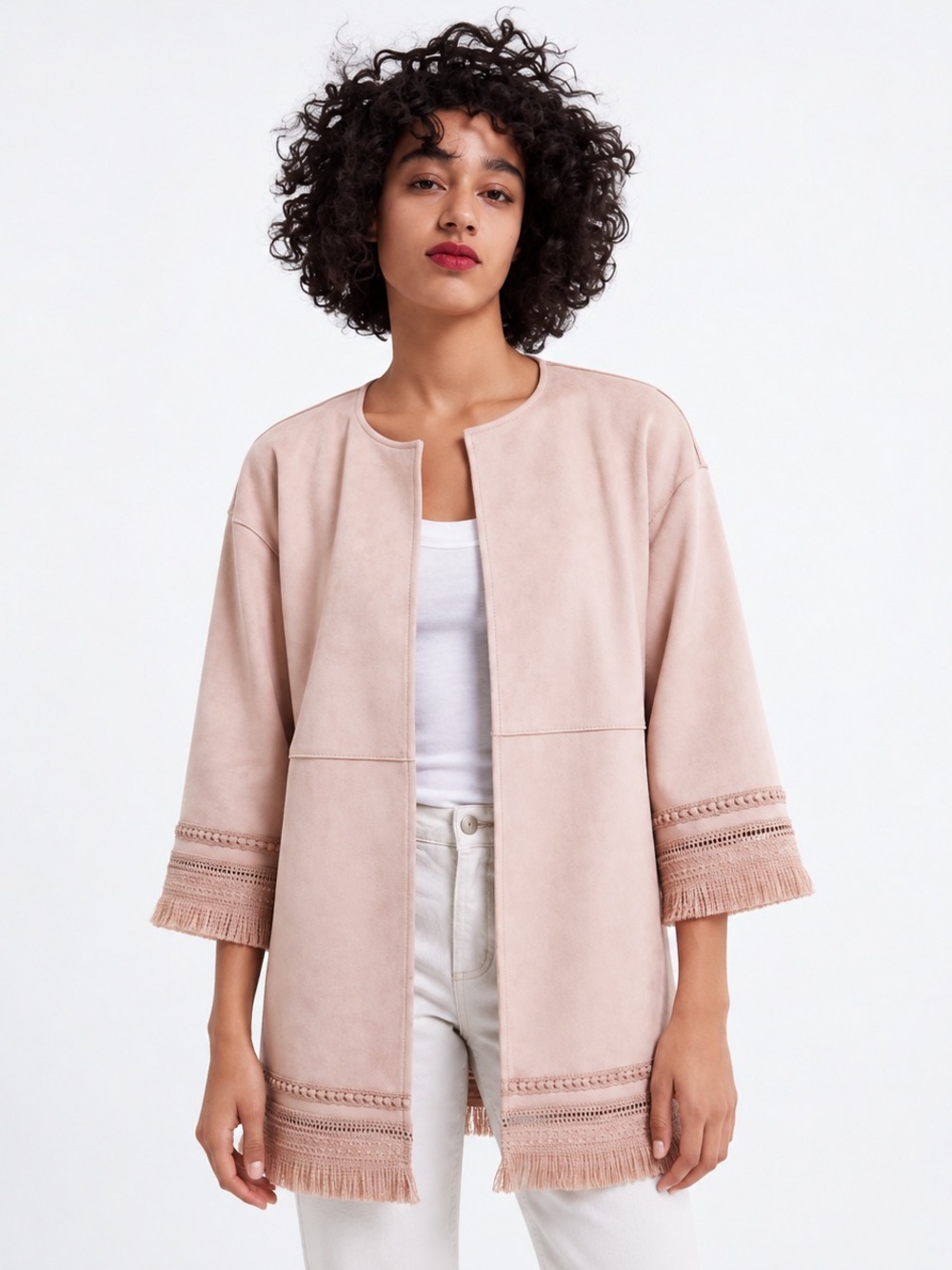Zara Faux Suede Fringe Jacket Women M Blush Pink Open Front Boho Festival